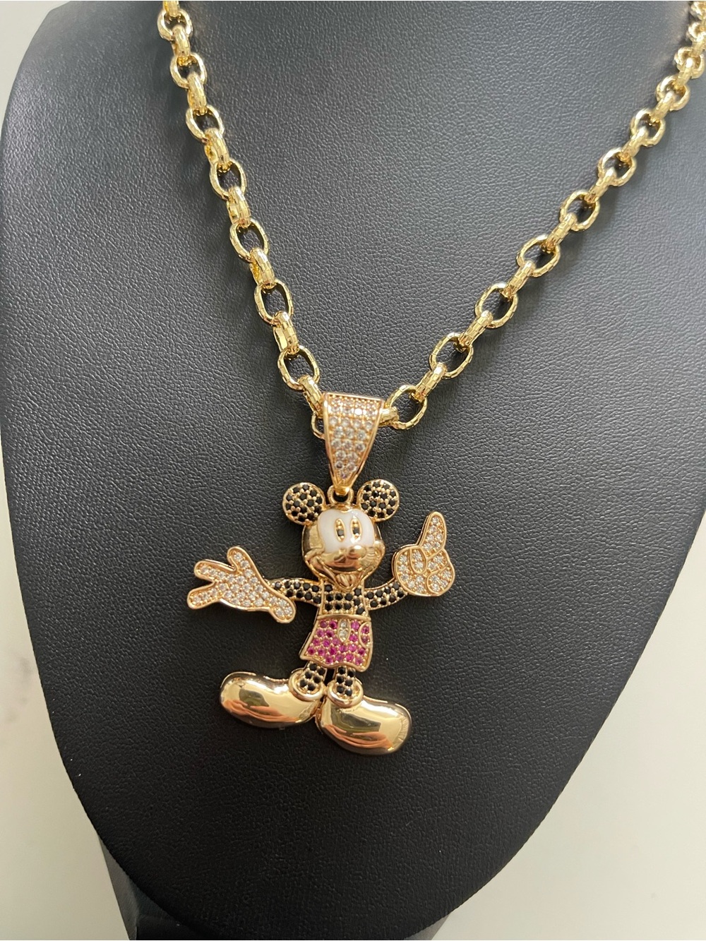 Gold-Tone Mickey Pendant Necklace with Pink Accents